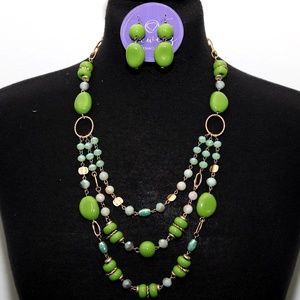 3 Layer Green Stone and Bead Necklace Set